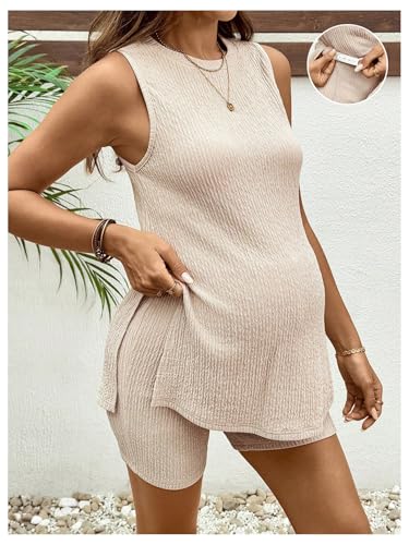 OYOANGLE Women's Two Piece Maternity Outfit Slit Hem Sleeveless Shorts Set - color: Beige, size: Small