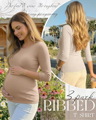 Neer 3 Pack Women's 3/4 Sleeve Crew Neck Maternity Tops - color: Apricot, Khaki, Brown, size: X-Large