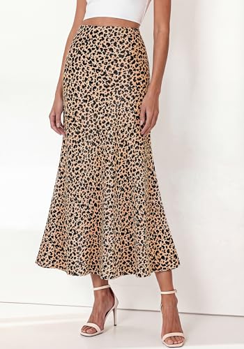 BTFBM Silk Midi Skirts for Women 2026 Summer Fall - color: Leopard Print, size: Small