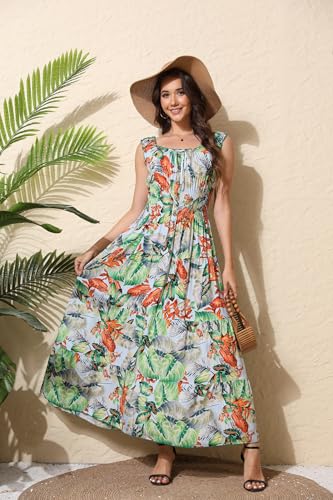Women's 2026 Summer Boho Floral Print Tiered Casual Flowy Long Maxi Dress - color: Green Leafy Flower, size: Medium