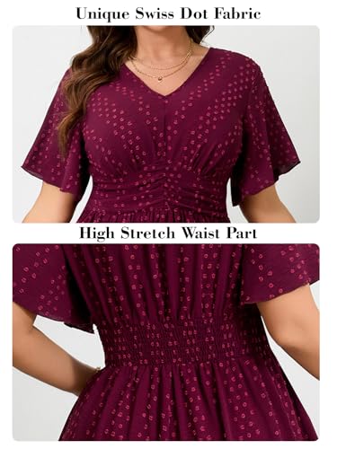 RWJ Women's Plus Size Maxi Dress V Neck Short Sleeve Swiss Dot Swing Summer - color: Wine Red, size: 3X-Large Plus