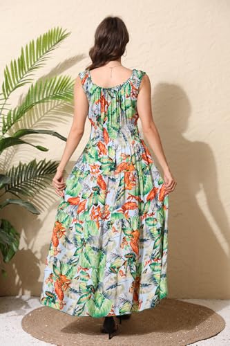 Women's 2026 Summer Boho Floral Print Tiered Casual Flowy Long Maxi Dress - color: Green Leafy Flower, size: Medium