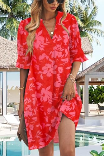 QACOHU Womens Summer Casual V Neck Shift Mini Dress - color: C-red Flower 02, size: X-Large