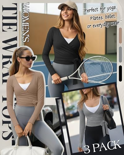 Oakgarden 3 Pack Womens Pilates Ballet Wrap Tops Front Tie Shirt - color: Black, Light Gray, Khaki, size: Medium
