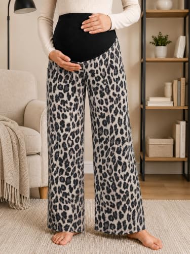 Yousify Womens Maternity Pants Casual Wide Leg Pregnancy Trousers - color: Leopard, size: Medium