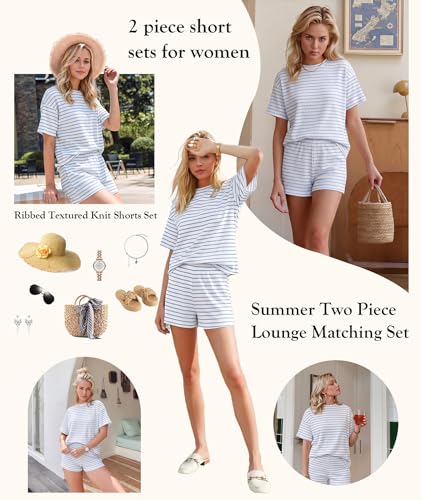 MARZXIN Women 2 Piece Short Set with Vertical Stripes Summer Cruise Outfits - color: Blue Stripe, size: Medium