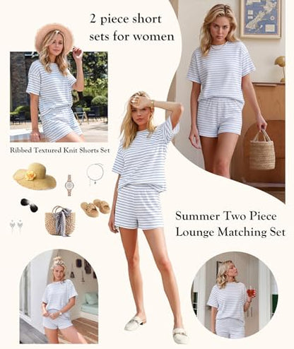 MARZXIN Women 2 Piece Short Set with Vertical Stripes Summer Cruise Outfits - color: Blue Stripe, size: Medium