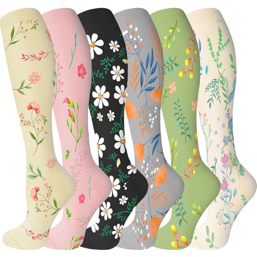 bropite Compression Socks For Women&Men,6 Pairs 20-30 mmHg Knee-High Socks - color: 01 Blackdaisy 27, size: Large-X-Large