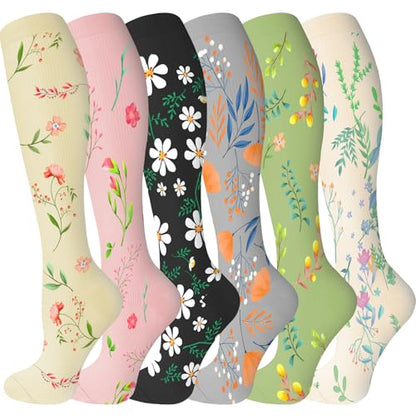bropite Compression Socks For Women&Men,6 Pairs 20-30 mmHg Knee-High Socks - color: 01 Blackdaisy 27, size: Large-X-Large