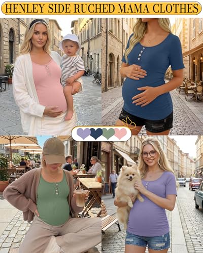 4 Pack Womens Short Sleeve Maternity Shirts - color: Lavender, Haze Blue, Gray Green, Light Pink, size: Medium