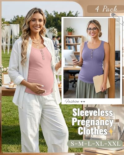 4 Pack Maternity Henley Tank Tops - color: Light Pink, Sage Green, Haze Blue, Lavender, size: Small