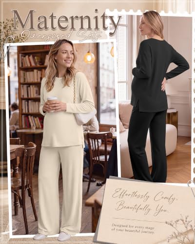 Huukeay 2 Pack Maternity Long Sleeve Pajamas Sets - color: Apricot, Black, size: Medium