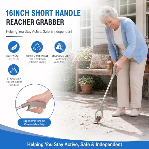 2Pcs Short Grabber Reacher Tool, Stainless Steel Small Trash Picker Upper Grabber with Non-Slip Ergonomic Handle for Elderly, Disabled, Sanitation Workers(16 Inch)