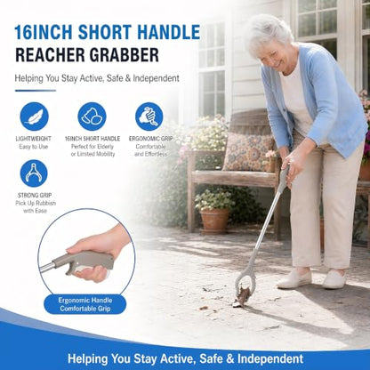 2Pcs Short Grabber Reacher Tool, Stainless Steel Small Trash Picker Upper Grabber with Non-Slip Ergonomic Handle for Elderly, Disabled, Sanitation Workers(16 Inch)