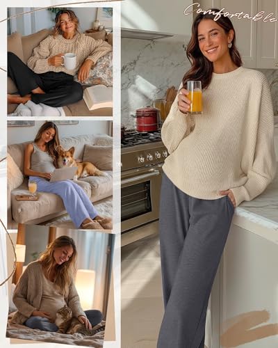 3 Pack Maternity Wide Leg Pants Pregnancy Pants - color: Sky Blue, Dark Gray, Black, size: Large