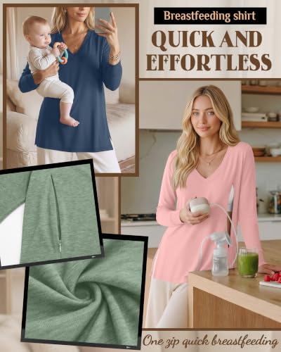 3 Pack Women's Nursing Breastfeeding Long Sleeve Shirts - color: Haze Blue, Pink, Light Green, size: Large