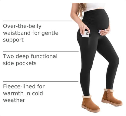 Leafigure Maternity Fleece Lined Leggings with Pockets - color: Black, size: Medium