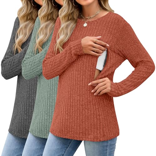 3 Pack Maternity Nursing Ribbed Long Sleeve Tops - color: Dark Gray, Green, Caramel, size: Large