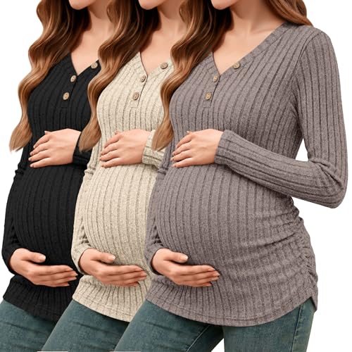 Oakgarden 3 Pack Women's Ribbed Henley Maternity Sweaters - color: Black, Apricot, Coffee, size: Medium