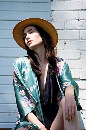 KIM+ONO Satin Short Kimono Robe for Women - color: Chrysanthemum & Crane - Rust
