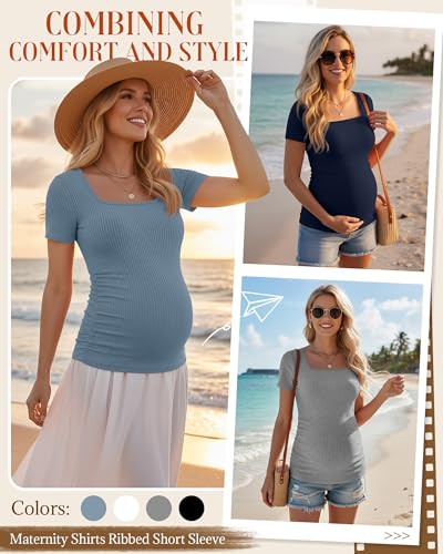 Huukeay 4 Pack Women's Short Sleeve Maternity Shirts - color: Navy Blue, Heather Gray, White, Haze Blue, size: X-Large