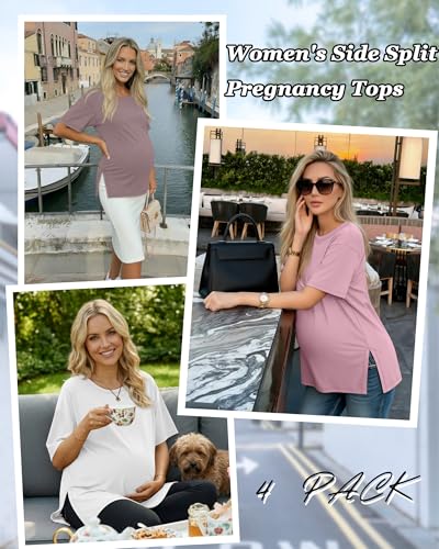 Riyiper 4 Pack Women's Short Sleeve Maternity T Shirts - color: Light Pink, White, Khaki, Gray Purple, size: Large