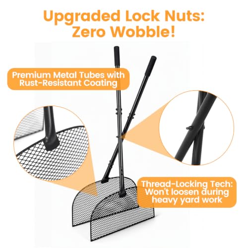 Leaf Grabber Rake with Long Handle, Heavy Duty Metal Leaf Picker Upper and Grass Collector, Upright Lawn Debris Pickup Tool with Upgraded Lock Nuts for Yard Cleanup, No Bending Over