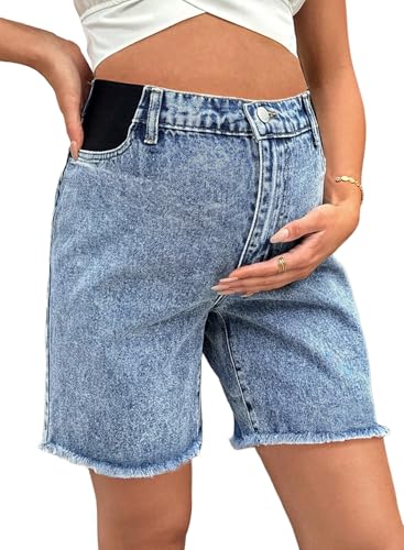 BLENCOT Maternity Jeans Bermuda Shorts Elastic Waist Raw Hem - color: Light Blue, size: X-Large