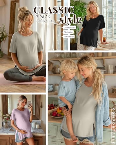 Riyiper 3 Pack Women's Maternity Tunic Cotton Shirts - color: Cement Gray, Gray Purple, Black, size: Medium