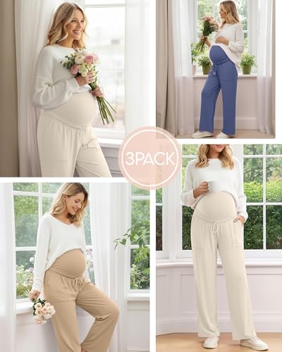 3 Pack Women's Maternity Casual Pants - color: Cream, Khaki, Haze Blue, size: Small