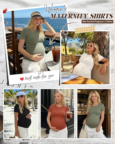 Huukeay 4 Pack Women's Short Sleeve Maternity Tops - color: Army Green, Cream, Pumpkin, Black, size: Medium