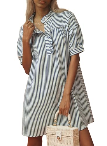 BLENCOT Summer Dresses for Women Puff Sleeve Striped Button Mini Dress - color: Blue Stripe, size: Medium