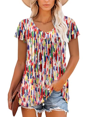 ROSELINLIN Womens Ruffle Sleeve Tunic Tops V Neck Loose Fit Short Sleeve Summer Shirts - color: A Ruffle Sleeve Color Bar, size: XX-Large