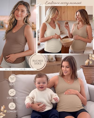 Ficerd 3 Pack Maternity Sleeveless Tank Tops - color: Apricot, Khaki, Coffee, size: Medium