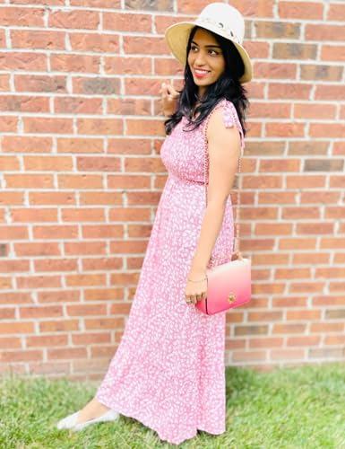 Tobrief Women's Boho Dress Summer Spaghetti Strap Square Neck Flowy Ruffle Beach Long Maxi Dress - color: 04 Pink Floral, size: Medium