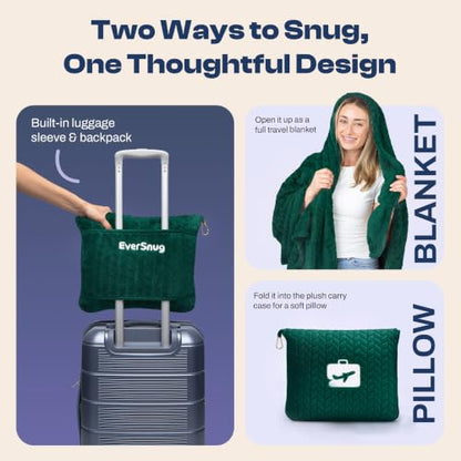 EverSnug Travel Blanket & Pillow 68x42 - Premium Ultra-Soft Microfleece 2 in 1 Compact & Packable Flight Blanket with Soft Bag Pillowcase, Hand Luggage Sleeve and Backpack Clip (Forest Green) - color: Forest Green