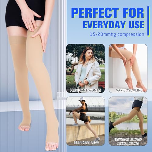 Thigh High Compression Socks for Women & Men 15-20 mmHg, Stockings - color: Beige/Open Toe, size: Large