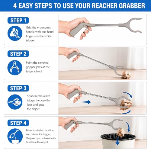 2Pcs Short Grabber Reacher Tool, Stainless Steel Small Trash Picker Upper Grabber with Non-Slip Ergonomic Handle for Elderly, Disabled, Sanitation Workers(16 Inch)
