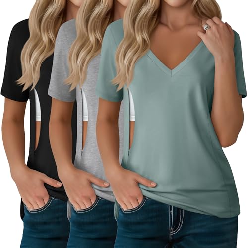 3 Pack Women's Nursing Tops Breastfeeding Shirts - color: Black, Light Gray, Gray Green, size: Medium