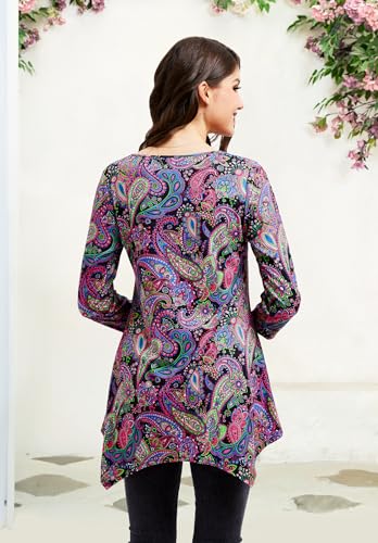 ENMAIN Women's Tops Plus Size Tunic Tops 3/4 Sleeve Flare Hem Paisley Print Loose Fit Casual Blouse to Wear with Leggings - color: A3-plum Purple & Paisley, size: Medium