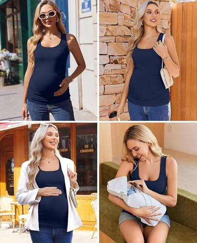 Ekouaer 4 Pack Maternity Tank Tops Ribbed Pregnancy Clothes Summer Outfit - color: Black/Dark Red/Navy Blue/White, size: Small