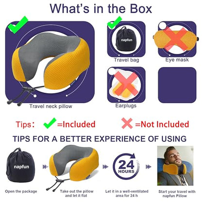 napfun Neck Pillow for Travel, Memory Foam Airplane Pillow, Yellow - color: Yellow