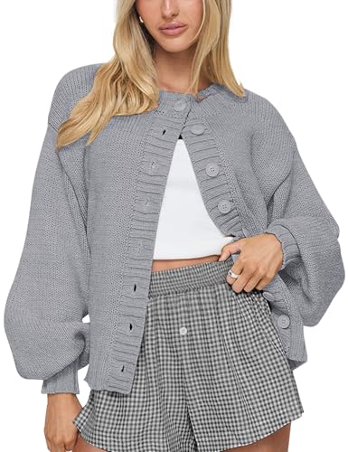 LOMON Womens Chunky Knit Cardigan Oversized Button Front Trend Sweater Tops - color: Light Gray, size: Small