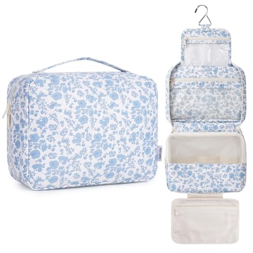 Narwey Hanging Travel Toiletry Bag for Women, Large Makeup Cosmetic Bag - color: C-Blue Flower