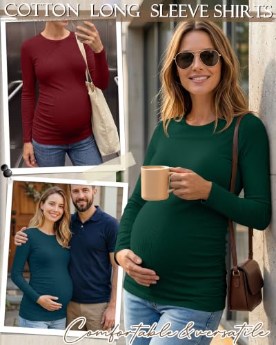Ficerd 4 Pack Women's Maternity Shirts Long Sleeve Pregnancy Top - color: Black, Dark Green, Wine Red, Teal Blue, size: Large