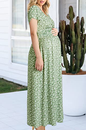 OUGES Women's Wrap V Neck Summer Maternity Photoshoot Dress with Pockets - color: Green Floral, size: Medium