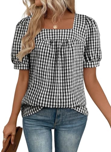 EVALESS Womens Gingham Top Short Sleeve Square Neck Shirts Cotton Blouse - color: B Black, size: Medium