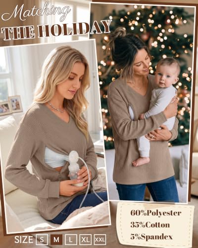 Women’s Waffle Knit Nursing Shirts Regular Fit - color: Coffee, size: X-Large