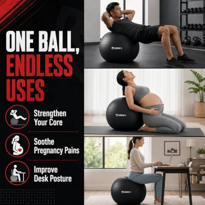 URBNFit Yoga Ball - Anti-Burst Exercise Ball Large - color: Black, size: M (20" - 22") 55cm