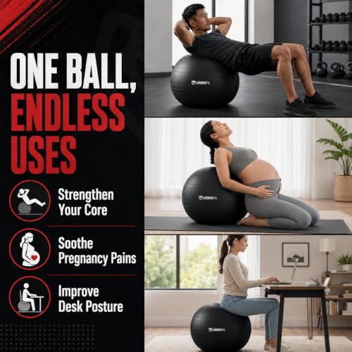 URBNFit Yoga Ball - Anti-Burst Exercise Ball Large - color: Black, size: M (20" - 22") 55cm